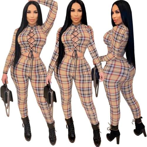 Echoine Women Classic Plaid Sexy Club Hollow Out Cross Bandage Tanks Top and High Waist Long Pants Skinny Two Piece Set Outfit