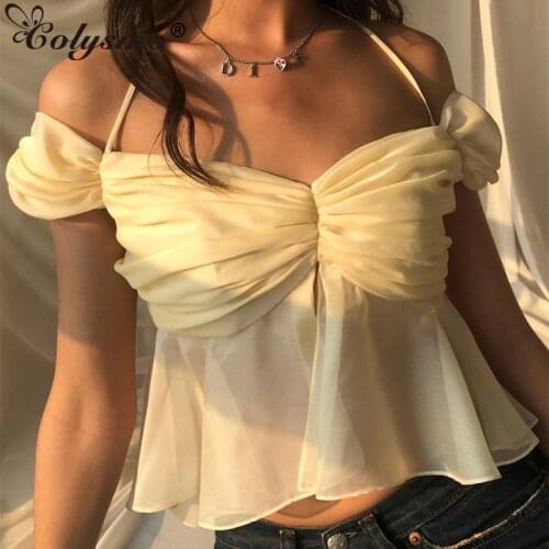 Colysmo Mesh Halter Top Puff Sleeve Cut out Tie up Spaghetti Strap See Through Ruched Backless Crop Top Women Party Sexy Blouses