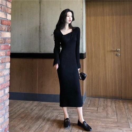Womens Maxi Dress Slim Knitted Sweater Long Dress Autumn Winter 2021 Plus Size Women Dresses