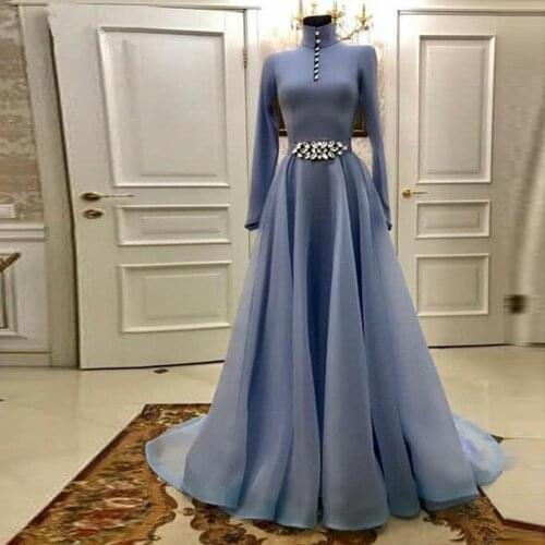 High Collar Full Sleeves Long Prom Gowns Sparkle Crystal Formal Dresses Vintage Muslim Blue A-line Evening Dresses 2021