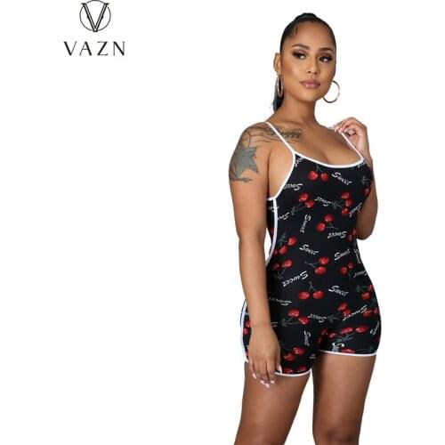 VAZN 2021 INS Summer Energy Daily Cute Print Young Soft Elastic Spaghetti Strap Sleeveless High Waist Women Skinny Playsuits