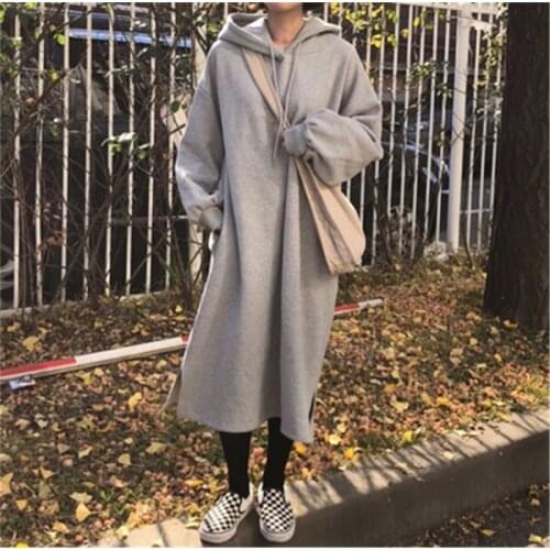 2020 New Arrivals Korean Chic Minimalist Swatshirt Dress Solid Long-sleeved Loose Maxi Dresses Casual Lady Vestidos Fall Winter