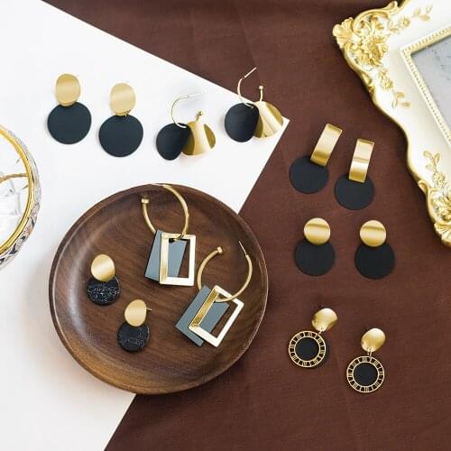 New Fashion Vintage Earrings Black Square Metal Dangle Drop Earrings for Women Statement Round Earrings Trendy Korean Jewelry