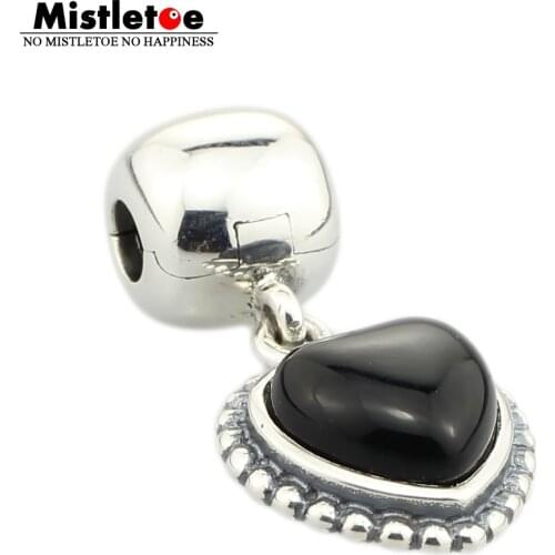 Mistletoe 925 Sterling Silver Black Heart Clip Dangle Charm European Jewelry