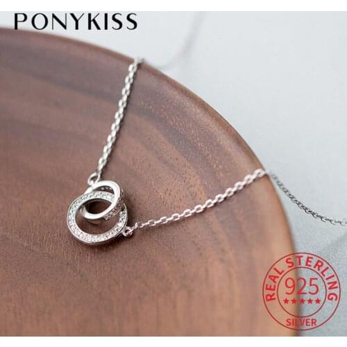 PONYKISS Trendy S925 Sterling Silver Buckle Round Zircon Pendant Necklace For Party Simple Fashion Jewelry Women Delicate Gift