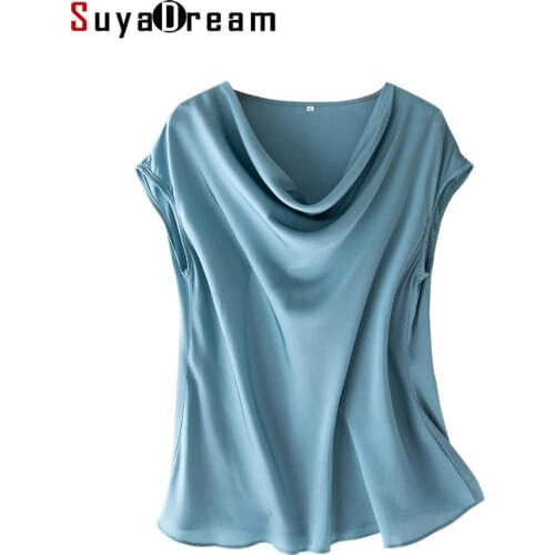 SuyaDream Women Silk Shirt 93%Silk 7%Spandex Solid Short Bat Sleeves Draped Collar T Shirt 2021 Spring Summer Chic Top
