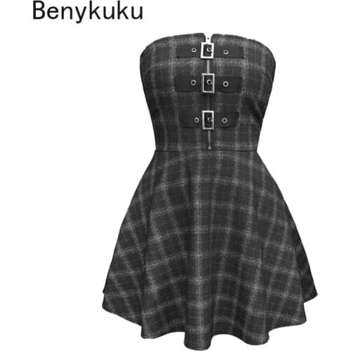 Gray Plaid Gothic Girls Pleated Dress Autumn Winter Women Sexy Backless Rock Punk Mini Dress High Waist Female Short Dresses