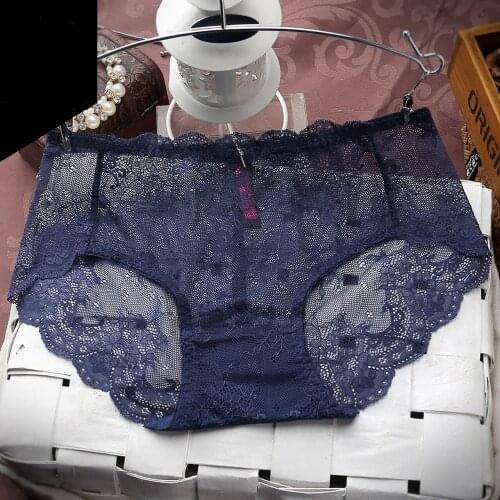 Solid Sexy Transparent Lace Panties Plus Size Mid Rise Seamless Briefs Woman Cotton Breathable Lingerie Sexy Lace Panties