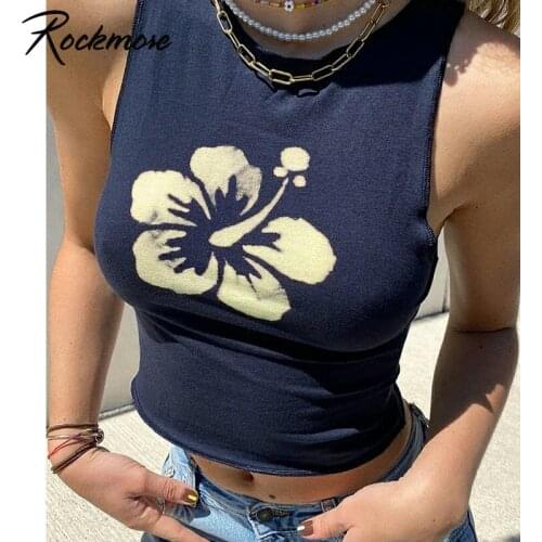 Rockmore Floral Print Corset Top Sexy Slim Tank Top Women Off Shoulder Tee Vintage Camisole Summer Y2K Casual Bustier Crop Shirt