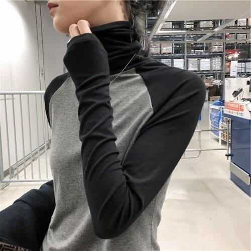 Spring Summer Turtleneck Tops for Women Long Sleeve T-shirts Patchwork Casual Women Tees Slim