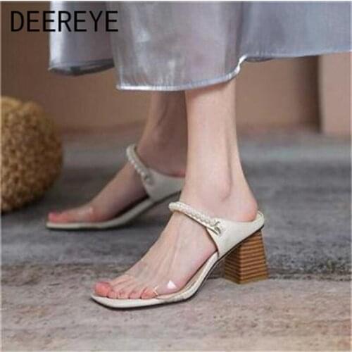 New Comfortable Woman Clear PVC Sliders Slipper Chunky High Heels 5CM Pearls Sandals Female Hollow Slingback Roman Shoes Summer