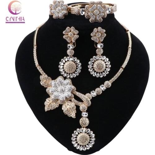 CYNTHIA Bridal Jewelry Set Nigerian Wedding Dubai Gold Color Jewelry Sets for Women African Flower Pendant Necklace Earrings Set