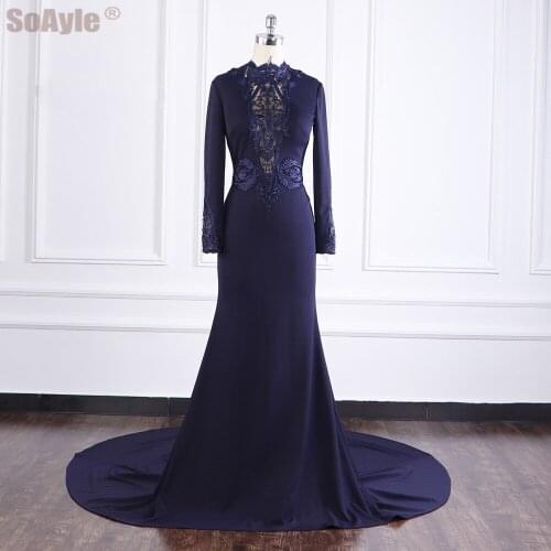 SoAyle Dark Blue Evening Dress Long Sleeves O-Neck Lace Appliques Mermaid Evening Party Dress for Women Vestidos de Fiesta