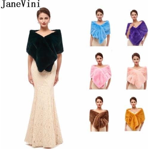 JaneVini Dark Green Winter Faux Fur Stoles 2020 Bridal Shawl Fake Fur Wraps Wedding Capes Black Blue Pink Purple Brown Bolero
