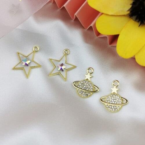 10pcs Shinny Rhinestone Planet Stars Gold Plated Zinc Alloy Charms Pendant Jewelry Making DIY Bracelet Earrings Floating Craft
