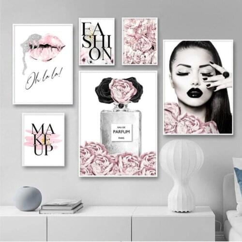 DIY diamond painting pink flower perfume fashion lady rhinestone embroidery silver lips makeup art painting wall picture modern