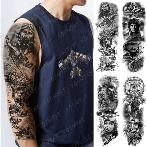 Large Arm Sleeve Tattoo Airplane soldier Pilot Waterproof Temporary Tatto Sticker Sailing Compass Body Art Full Fake Tatoo Men
