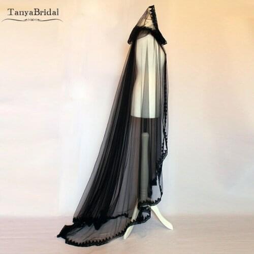 Black Lace Edge Wedding Cape Long Hooded Tulle Bridal Wrap Beads lace Shawls outfit COSPLAY Wear DJ077