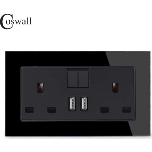 COSWALL 13A UK Standard Switched Socket 2 USB Charge Port For Mobile Output 2.1A Wall Outlet Crystal Glass Panel Knight Black