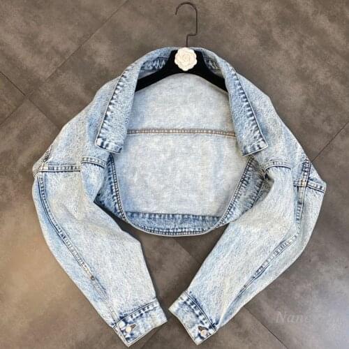 High Waist Denim Coat Women 2021 Early Autumn Lapel Batwing Long Sleeve Vintage Washed Jean Jacket Lady Crop Top
