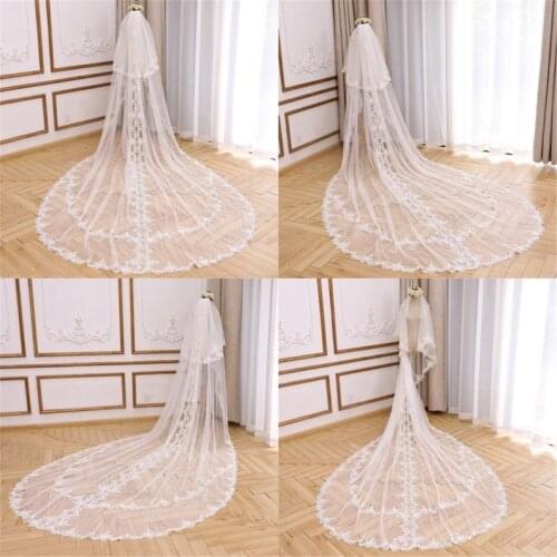 Elegant Blusher Wedding Veil Long Bridal Veil Cathedral 2 Tiers Lace Trim Wedding Veil Floral Bridal Veil Lace Edge Veil Blusher