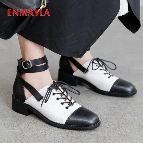 ENMYALA 2020 Casual Lace-Up Round Toe Genuine Leather High Heels Gladiator Luxury Women Shoes Fashion Buckle Womens Shoes 34-39