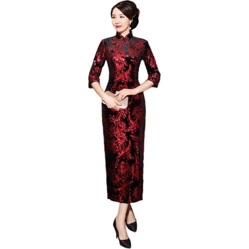 Chinese Cheongsam Qipao Embroidery Slit Dress Women 3/4 Sleeve Long Split Floral Printed Chinese Cheongsam Midi Slim Dress sexy