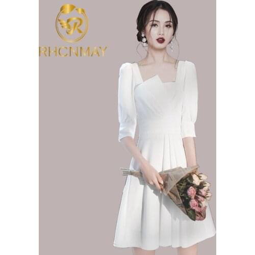 Korea Summer Temperament Summer Party Dress Women Elegant Square Collar Long Sleeve White Dress Gentle Big Hem Midi Dress