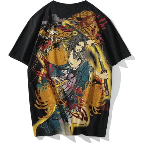 Japanese fashion brand mens bronzing chrysanthemum flying dragon print beauty short-sleeved breathable casual T-shirt summer
