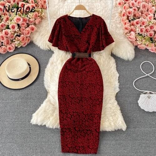 Neploe Ladies Light Luxury Dresses Hepburn Style Temperament V-neck Robe Female Ruffles Sleeve Slim Waist Bright Silk Vestidos