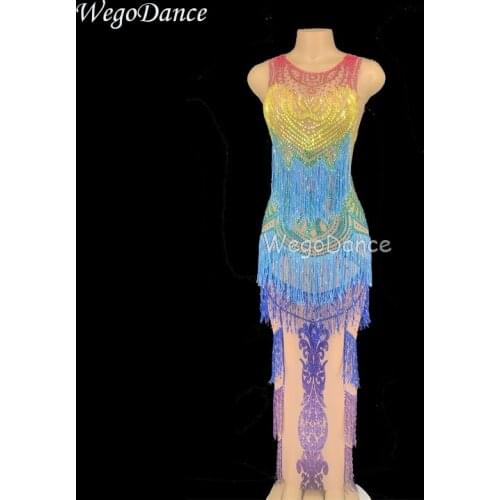 New Women Transparent Colorful Rhinestones Fringes Mesh See Through Crystals Dress Evening Birthday Sexy Costume Dresses