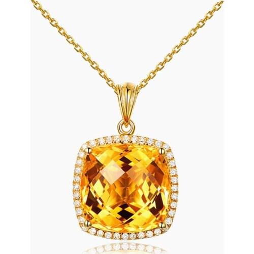 FASHION SQUARE YELLOW CRYSTAL CITRINE GEMSTONES DIAMONDS PENDANT NECKLACES FOR WOMEN 14K GOLD TONE CHOKER JEWELRY BIJOUX BAGUE