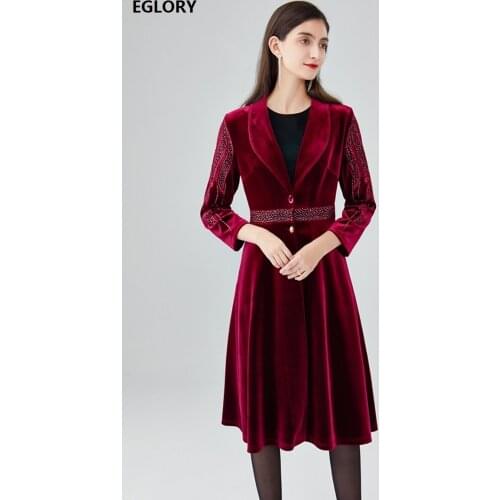 Plus Size Coat & Outerwear 2020 Autumn Winter Coats Female Notched Collar Crystal Beading Deco Vintage Velvet Coats Woman 4xl