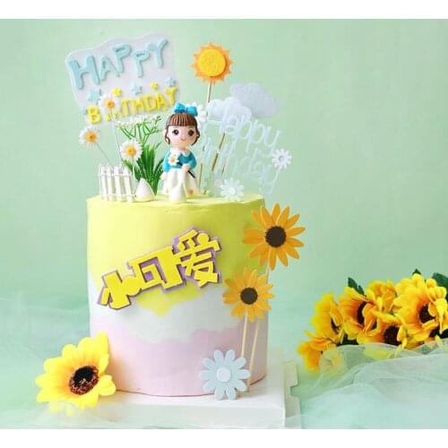 Daisy Flower Girl little Princess Sunflower Childrens Happy Birthday Cake Topper Kid Party Supplies Blue Love Gifts