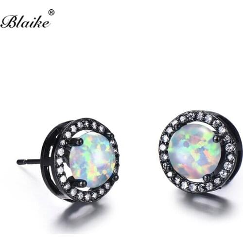 Blaike White/Blue Fire Opal Round Stud Earrings For Women Vintage Black Gold Filled Birthstone Earring Halloween Fashion Jewelry