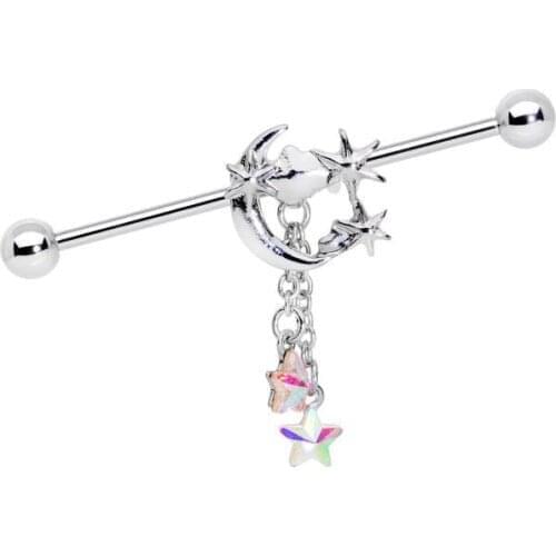 13 Styles Industrial Piercing 14 Gauge Clear Gem Stars Moon Shell Pearl Dragonfly Tortoise 38mm Dangle Earring Barbell Jewelry