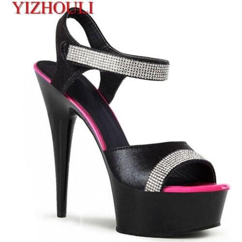 Unique color block decoration sandals 15 cm Rhinestone high thin heels platform dance shoes fashion small yards