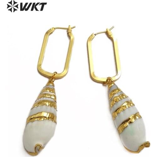 WT-E566 natural white trumpet shell Earring gold long Earrings women pretty summer beach Earrings Jewelry new