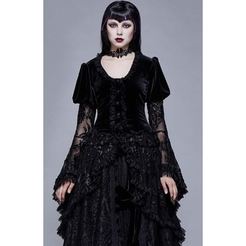 Eva Lady Womens Gothic V-neck Velet Long Jacket Victorian Fashion Prom Banquet Dinner Skirt Hem Lace Sleeved Coats