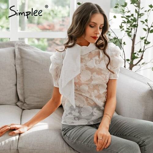 Simplee Butterfly neck ladies blouses shirts Bubble short sleeve summer female white tops High street style tight women blouse