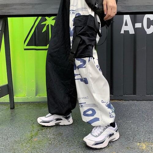 Women Rock Long Cargo Wide Leg Pant 2021 Lady Contrast Color Cool Print Pocket Harajuku Buckle Trousers Hip-hop Hipster Pants