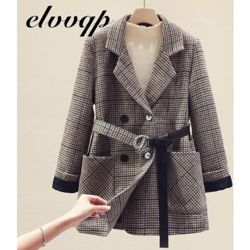 Korean Plaid Women Work Blazer Jacket Casual Double-breasted Sashes Suit Jacket Female 2020 Slim Female Blazer Outerwear Lu1695