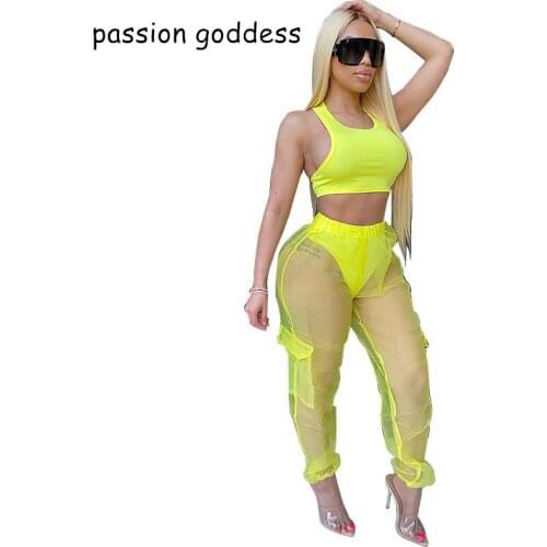 2021 Summer Women Sexy Yellow Perspective Mesh Two Piece Set Sleeveless Crop Tank Top and Elastic Waist Long Cargo Pants Outfits