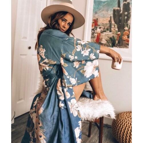 Boho Vintage Floral Print Sashes Women bohemian V Neck batwing Sleeves Ladies Blouses happie Maxi Kimono robe