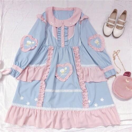 Sweet Lolita Mori Girl Flower Star Embroidery Fancy Dolly Dress Kawaii Doll Collar Ruffles Princess OP Dress Spring Female