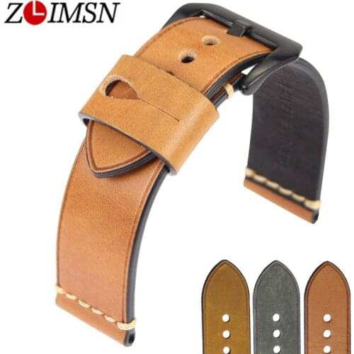 ZLIMSN Genuine Leather Watch Bands Straps Men Belts Replacement 22 24mm Watchbands Black Gray 316L Stainless Steel Pin Buckle