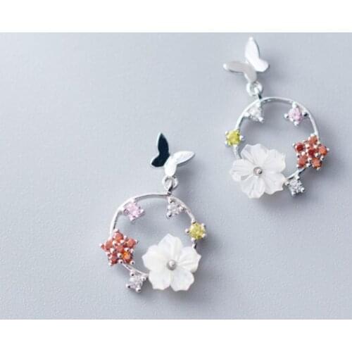 100% Real. 925 Sterling Silver Fine Jewelry Butterfly &Shell Flower Colored CZ Circle ear-bone ear earrings dangle C-G1070