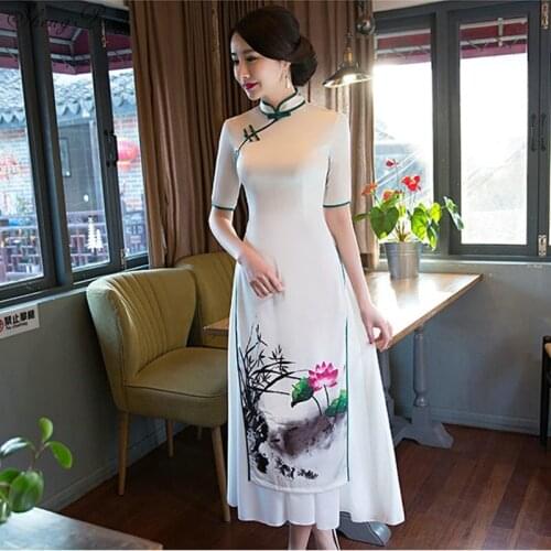 2018 summer retro cheongsam dress chinese style vietnam ao dai dress Chinese Style Mandarin Collar Formal Flower Cheongsam Q211