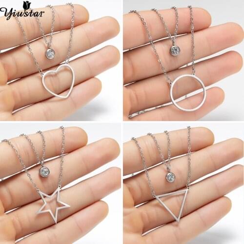 Yiustar Tassel Double Layer Chain Geometric Pendants Necklaces Heart Round Triangle Star Chain Choker Stainless Steel Jewelry