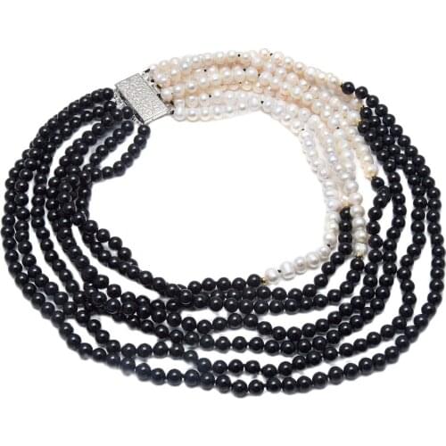 GuaiGuai Jewelry White Pearl Black Onyx Necklace 7 Rows 18" Multi Strands Pearl Necklace For Women